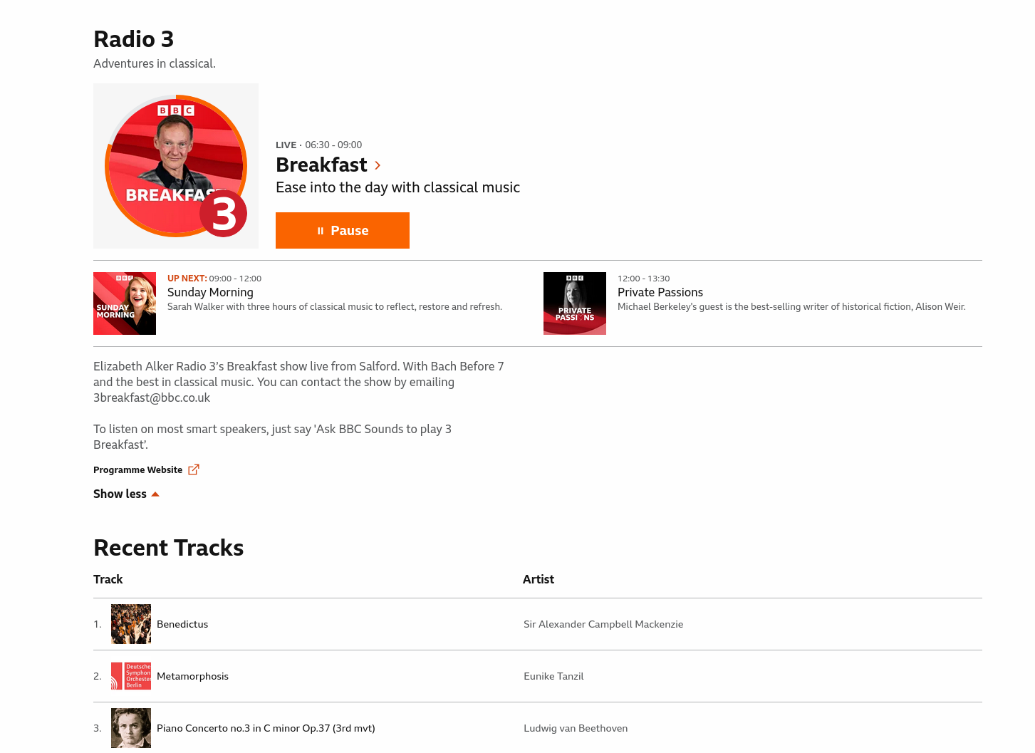 Momentaufnahme. Stream aus BBC Radio 3. Breakfast